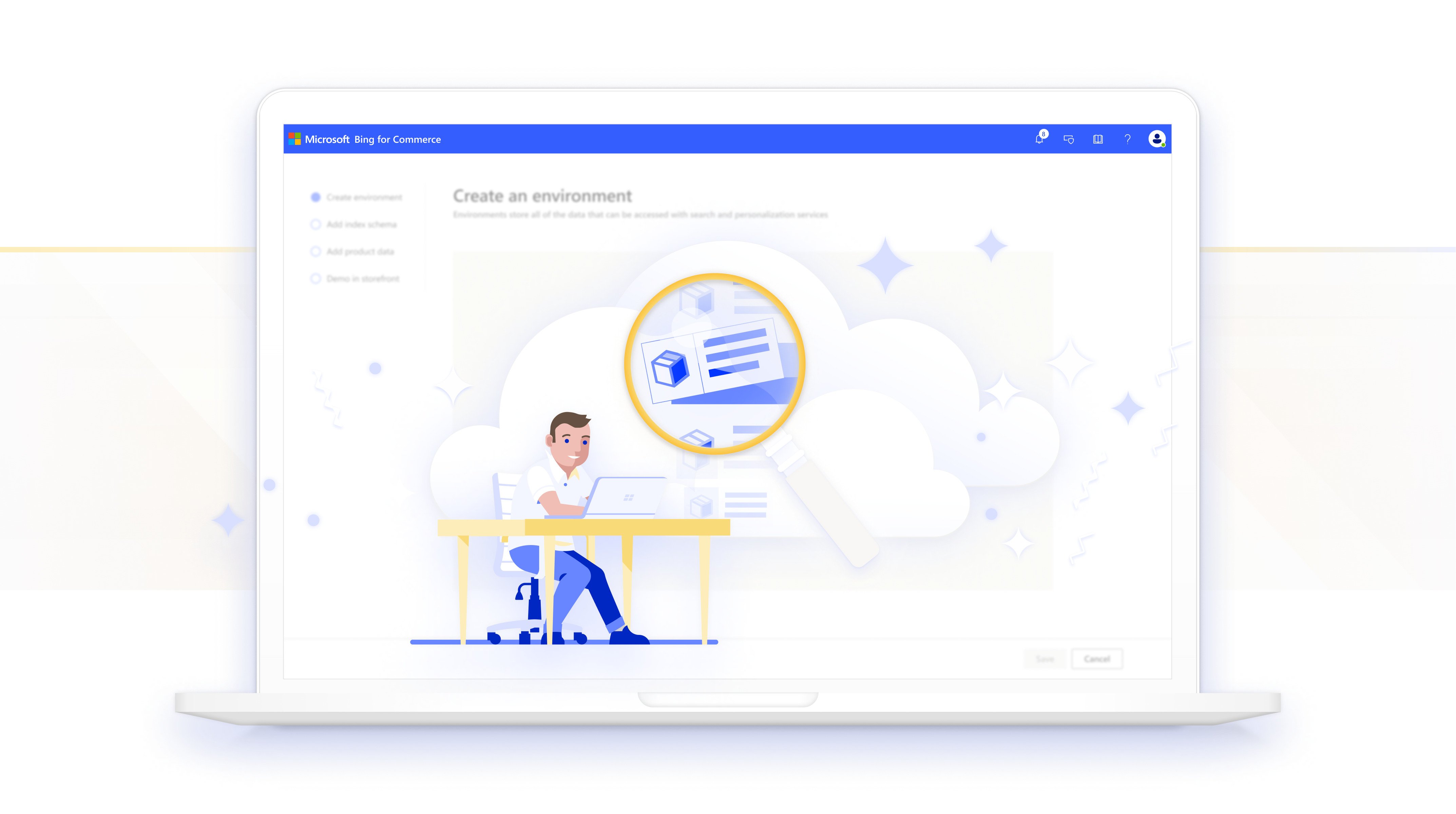 Microsoft Bing for Commerce Welcome screen with illustration of a man using a computer with product search listings magnified above him