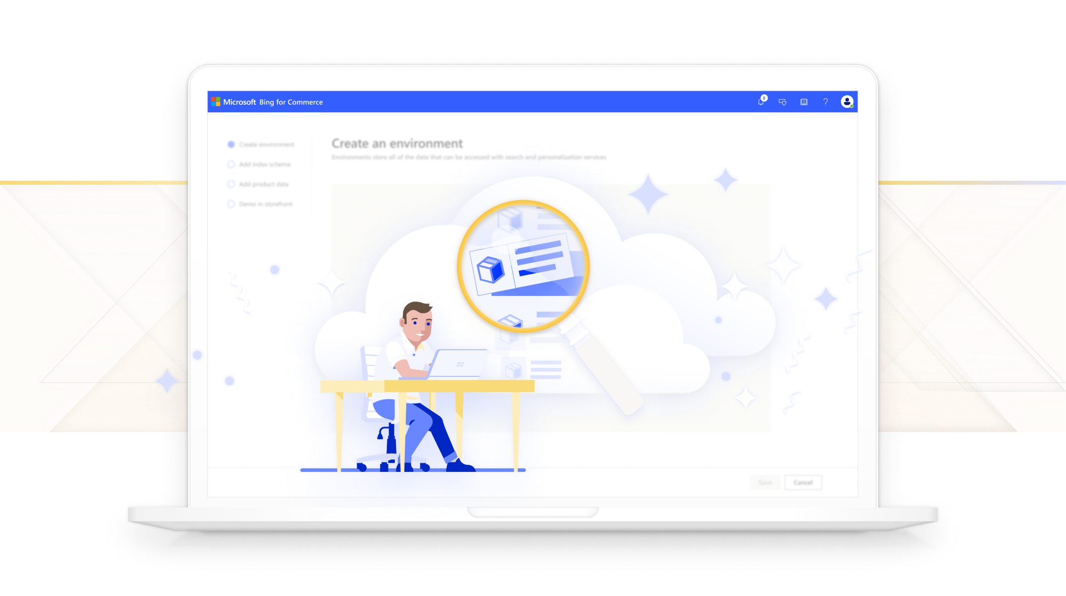 Microsoft Bing for Commerce Welcome screen with illustration of a man using a computer with product search listings magnified above him