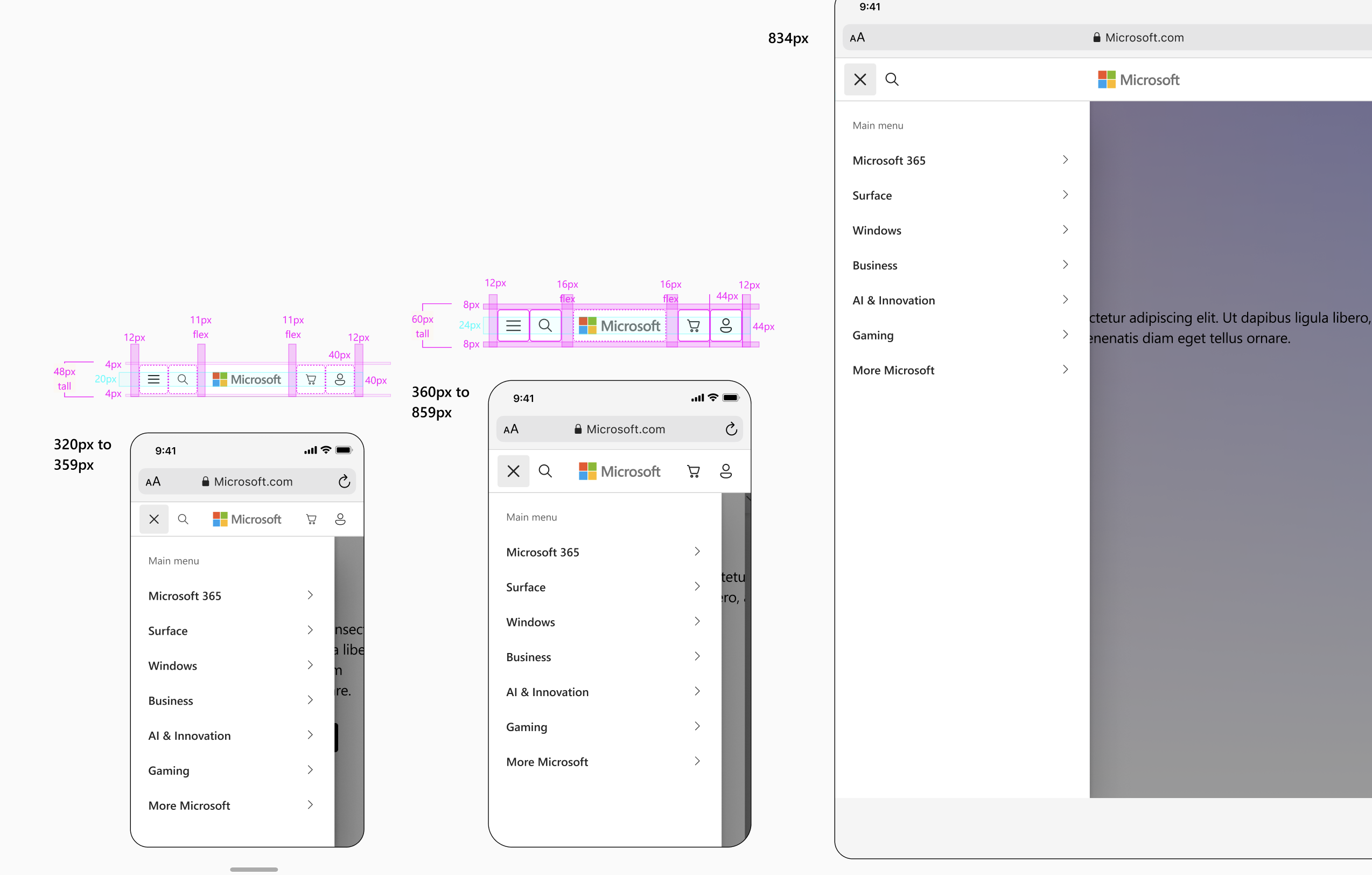 I created a robust design system for navigation variations with detailed prototypes, components and annotations.